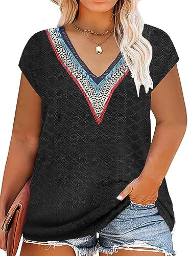 tiorhooe Große Größen T-Shirts Damen V-Ausschnitt Plus Size Mode Strick Top Sommer Oversize Frauen Tshirts