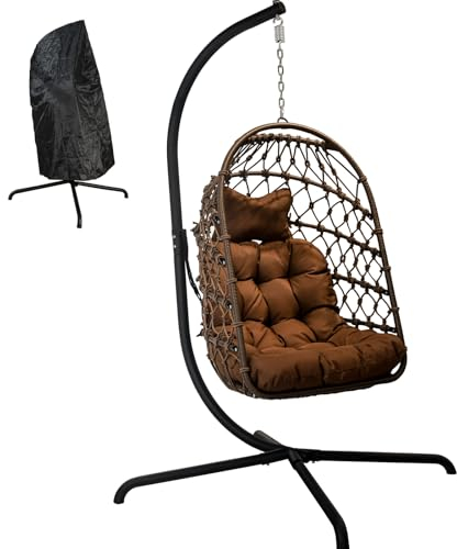 LKINBO Polyrattan Hängesessel mit Gestell Outdoor Indoor, Korb Hängestuhl Rattan Hanging Chair Wetterfest Hängeschaukel Gartenschaukel bis 195 kg, Braun
