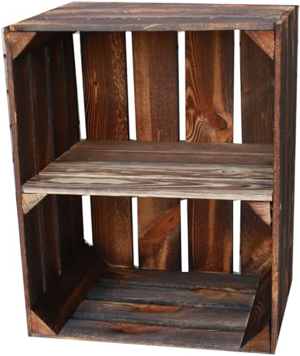 Teramico Holzkisten Obstkisten Weinkisten geflammt dunkel 50 x 40 x 30cm in tollen Set-Angeboten als Regal oder zur Aufbewahrung (1 x Boden Kurz)