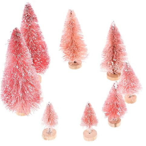 TOYANDONA 8pcs Bottle Brush Christmas Trees Pink Mini Christmas Trees Small Christmas Trees Mini Pine Trees Desktop Miniature Christmas Trees with Snow and Wooden Base