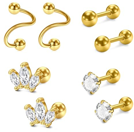 AceFun 4 Paare Goldene Knorpel Ohrstecker Chirurgenstahl Helix Piercing Labret Flache Kugel Zurück Daith Ohrringe für Damen Herren