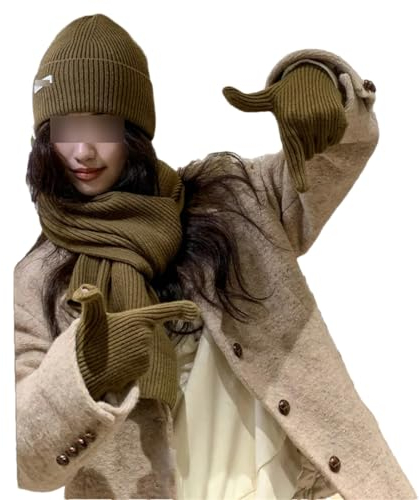 Wolle Hals Schal Handschuhe Caps Dreiteiliges Set Für Damen & Herren Winter Verdicken Warme Mützen Outdoor Kältefest Hut Schal Handschuh Set, olivgrün, One size