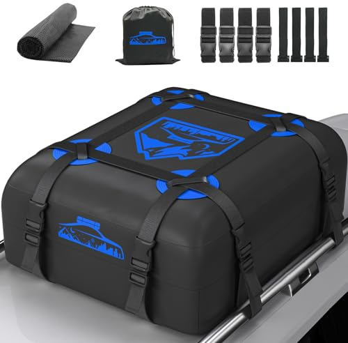 Rymopuey Box Tetto Auto 15Cu.Ft/425L, Baule Auto Tetto Inimpermeabile 1000D Blu, Baule Auto Tetto con Tappetino Antiscivolo e 8 Cinghie, Box Tetto Auto e Pieghevole per Auto con/senza Portapacchi