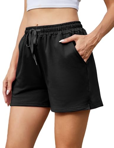 Jezonga Short Sport Femme Short de Sport Femme Bas de Survêtement Couleur Unie Short de Course à Pied Short Décontracté Femme Taille Haute avec Poches pour Yoga Sport Jogging Fitness Running Noir L