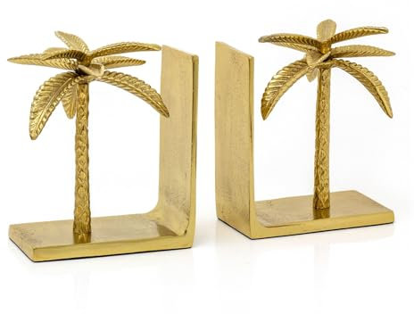 Carousel Home Set Of 2 Gold Tropical Palm Bookends | Pair Of Aluminium Palm Tree Book Ends Statues | 2 Gold Metal Novelty Bookends For Shelves