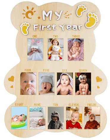 NQEUEPN My First Year Bilderrahmen, Geschnittene Bärenform Baby-Fotorahmen Holzbrett Personalisiert 12 Monate Baby-Fotoanzeige 1. Geburtstags-Erinnerungsgeschenk für Jungen Mädchen Kinderzimmer-Dekor