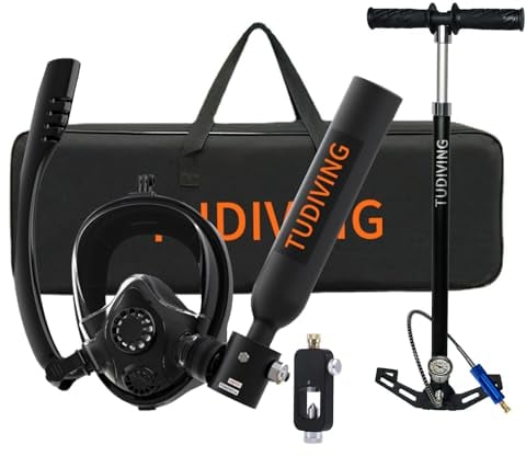 TUDIVING-0,5 l tragbares Tauchflaschenset, Mini-Sauerstoffflasche mit Vollgesichts-Schnorchelmaske, Reise-LANG-Tanks für Tauchrettung/Bootsreinigung (S200Plus Black-A1)