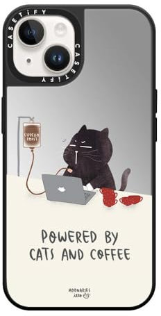 CASETiFY Mirror iPhone 14 Case [Reflective / 4.9ft Drop Protection/Compatible with Magsafe] - Powered by cats and coffee - Silver On Black