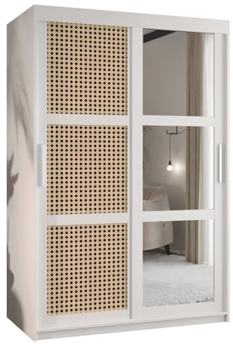 MEBLE KRYSPOL PLECIONKA WIEDEŃSKA 2 Zweitüriger Schrank mit Schiebetüren mit Spiegel, Stangen und Regalen - Aufbewahrungsschrank für Wohnzimmer - 200x120x62cm - Weiß, Weiß, Silber