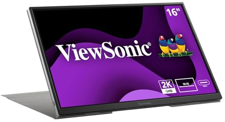 ViewSonic VG1656-2K 16 Inch 1600p Portable Monitor, WQXGA IPS for Improved Workflows and Second Screen Productivity, Built-in Stand, 65W USB-C, mini HDMI, and Smart Cover Inputs