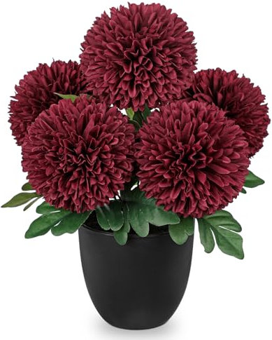 Hollyone Crisantemo artificial rojo flores artificiales en maceta, 30 cm de seda, crisantemo, bolas decorativas, hortensias artificiales, flores decorativas para oficina, casa, dormitorio, salón, mesa