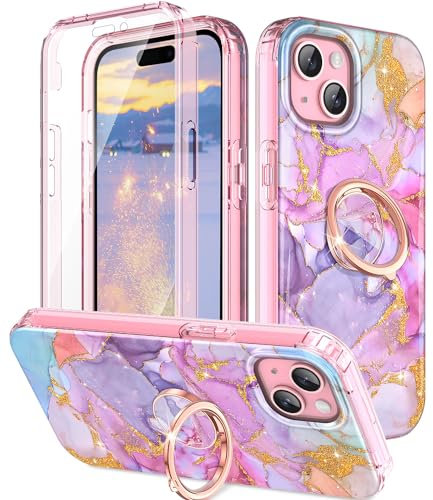 Petocase Compatible with iPhone 15 Case, Built-in Screen Protector with 360° Ring Holder Kickstand, Full Body Dual Layer Rugged Shockproof Protective Cover for iPhone 15 6.1 Inch, Pink
