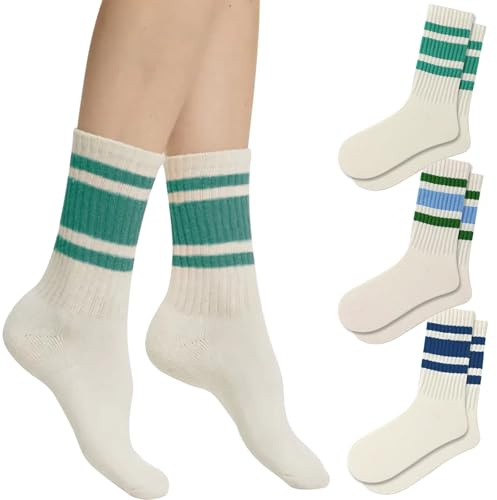 Fszsaa Fun Novelty Retro Striped Crew Socks For Women Sporty Calf Casual Cotton Tube Socks Women, 3pack-funny Striped Crew Socks Mint Series, One size