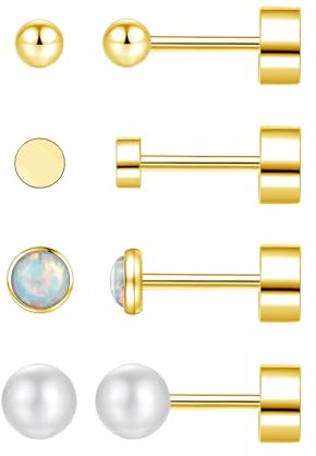 4 pairs Silver Gold Earrings for Women Girls Men, Hypoallergenic Titanium Surgical Steel Gold Stud Earrings Set, Small Round Balls Opals and Pearls Helix Cartilage Sleeper Screw Flat Back Earrings