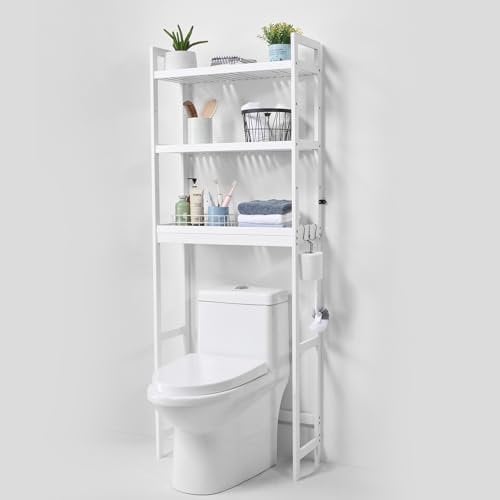 VEVOR Étagère WC, Meuble de Rangement au-Dessus des Toilettes Réglable à 3 Niveaux, Étagère de Salle de Bain avec 3 Crochets, Organisateur pour la Lessive, Convient à la Plupart des Toilettes, Blanc