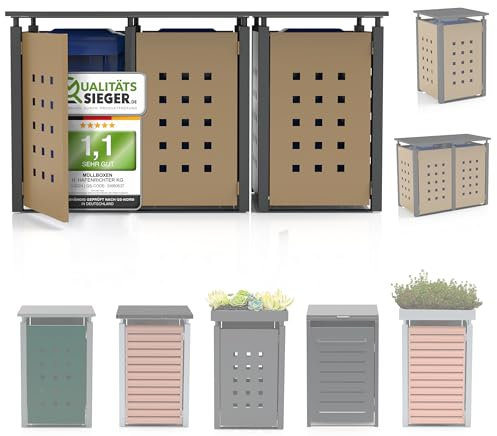Mülltonnenbox für 3 Tonnen bis 120L - Blechdach, verzinkt & pulverbeschichtet, Lochmuster, bereits aufgebaut, DB 703/RAL 1002