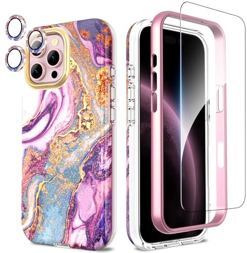 SHEDEER 4-in-1 iPhone 16 Pro Max Case with Screen Protector + Bumper & Camera Protector | Military-Grade Shockproof 360° Protection, 16 Pro Max Case Glossy Fade-Resistant Pattern Design (Purple)