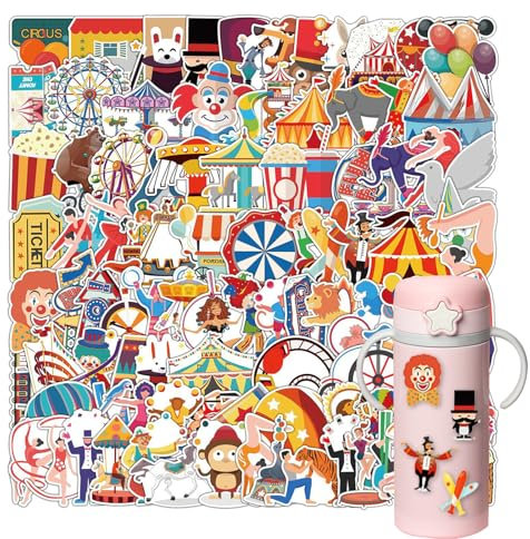 100 Circus Sticker, Circus Sticker, Wasserdichte Aufkleber, Bunte Aufkleber für Freizeitpark, Laptop, Scrapbooking, Skateboard, Auto, Gepäck, Gitarre