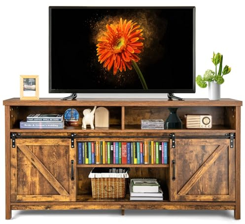 Multigot TV Cabinet for 65 Inch TVs, 150cm Sliding Barn Door TV Stand Console Table with Adjustable Shelf & Cable Holes, Farmhouse Media Entertainment Center for Living Room, Bedroom (Rustic Brown)