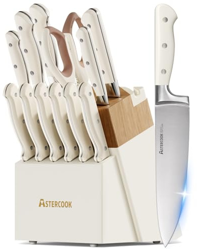 Knife Set,Astercook Kitchen Knife Set with Block 14-Piece Full Tang Stainless Steel Knives with Sharpener Dishwasher Safe and Anti-Slip Ergonomic Handle Mothers Day Gifts Utensils Set