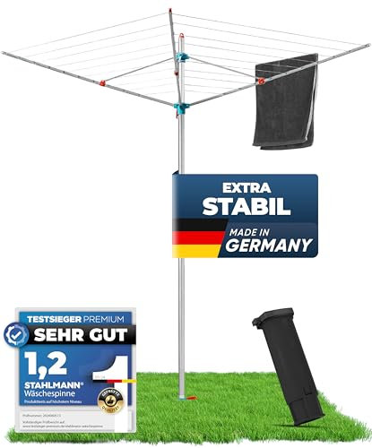 STAHLMANN® Wäschespinne vierarmig [Made IN Germany ] - Wäschespinne draußen [47M Leinenlänge] inkl. Bodenhülsen mit Deckel - höhenverstellbare Wäschespinne aus hochwertigem Aluminium