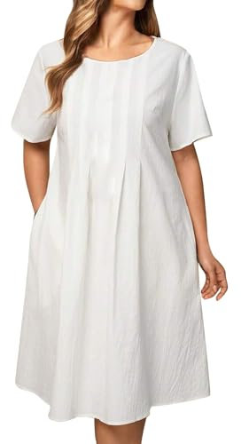 Sommerkleid Damen Knielang Baumwolle Leinen Kleider Lässig Locker V-Ausschnitt Strandkleider Einfarbig Midikleid Kurzarm A-Linie Swing Urlaubs Kleid Freizeitkleid mit Taschen(White, L)