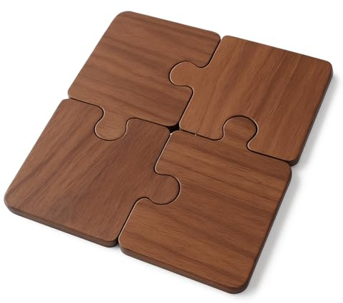 Wooden Puzzle Piece Coasters Set of 4 – Interlocking Jigsaw Drink Mats for Coffee Tea Cups – Durable Solid Wood Square Table Protectors with Unique Design