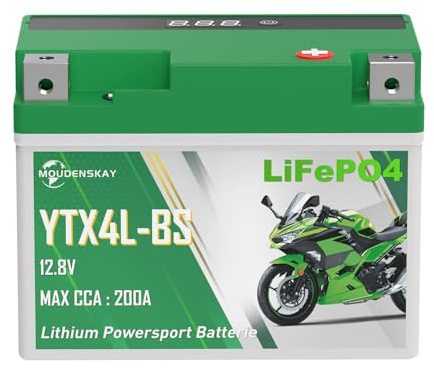 MOUDENSKAY Batterie Moto Lithium 12V 3ah CCA200+ YTX4L-BS Batterie avec BMS | Technologie LiFePO4,38.4WH,Pour Motos, Enduros, Quads Etc.Ultralégère, Remplacement Idéal Des Batteries Au Plomb-Acide