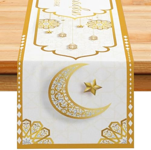 Ramadan Tischläufer 180×40 cm – Elegante Ramadan deko für Esstisch, tischläufer Ramadan mit Mond-Stern-Motiv, saugfähige Ramadan tischdecke Alternative für Zuhause, Familie & Festessen