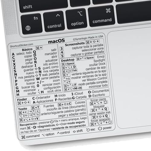 Synerlogic Calcomanía de atajos de Mac OS | Calcomanías de teclado para macOS | Hoja de trucos de vinilo laminado para MacBook para laptop | Atajos de MacBook 2026 (transparente/negro/español)