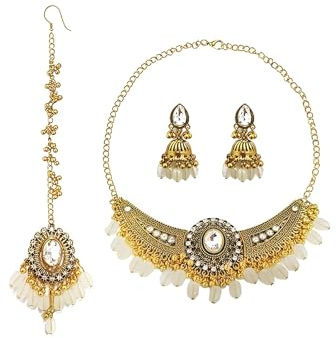IMINI Traditionelles Kundan-Schmuck-Set, Halskette, Jhumka-Ohrringe & Maang Tikka, komplettes Braut- & Hochzeitszubehör für Frauen, ethnische Party & Festival