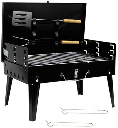 Crystals Portable Charcoal BBQ Grill, Foldable Stainless Steel Camping Barbecue with Tool Set, Small Travel Mini BBQ for Garden, Picnic & Outdoor Cooking, Black