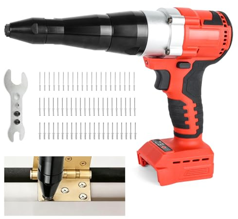 Remachadora Eléctrica, Pistola Remachadora de Tuercas con Boquillas 3,2/4mm | Pistola de Remache Eléctrica, Compatible con Milwaukee Batería, con 60 Remaches, para Metal, Plástico, Cuero, Sin Batería