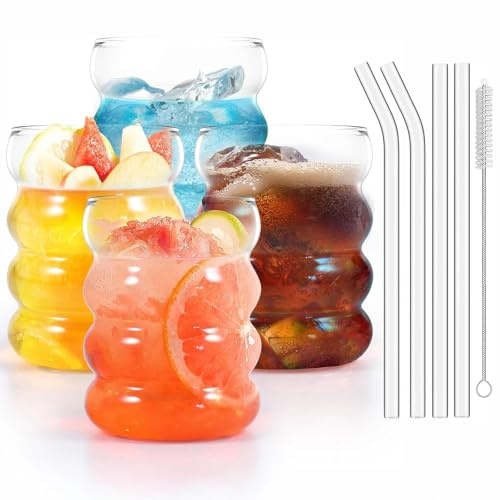 ZkateTrade 4 vasos acanalados con pajitas de cristal, vasos de burbujas de 350 ml, vasos de café helado, vasos de agua con pincel para cócteles, agua, refrescos