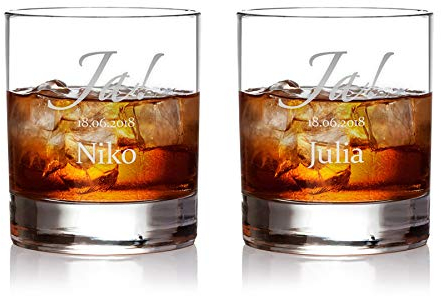 AMAVEL 2er Set Whisky Gläser mit Gravur zur Hochzeit, Motiv Ja!, Personalisiert mit Wunschnamen und Datum, Füllmenge: 320 ml