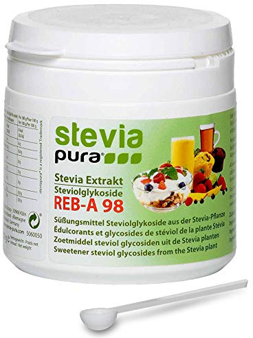 steviapura | Reines Stevia-Extrakt Pulver - weißes Steviosid-Extrakt - Süßungsmittel aus der Pflanze rebaudiana | 100% Stevia davon Reb-A 98% OHNE Zusätze | 50 g Dose mit Dosierlöffel