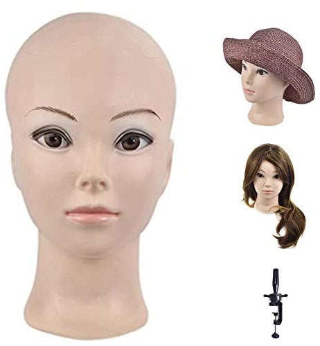 Ba Sha Training Head Cosmetology Mannequin Head Bald Manikin head for Wigs Making Wig Display Hat Display Glasses Display with Free Clamp