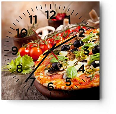 Modern Wanduhr Pizza Essen Italien Tradition 30x30cm Quadrat Klein Wand Uhr Glas Analog Zimmeruhren Küche Büro Wohnzimmer Glasuhr Wall Clock Dekoration Design Wanddekoration Küchenuhr C4AC30x30-2791