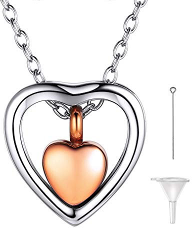 Memorial Urn Necklace for Ashes Silver Large Heart & Rose Gold Tiny Heart Charm Cremation Jewellery for Keeping Beloveds in Mind