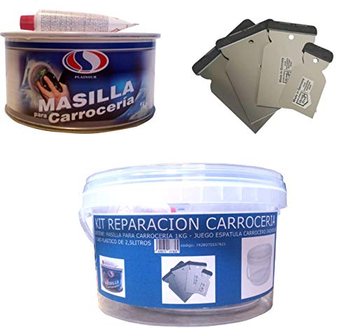 KIT REPARACION CARROCERIA (MASILLA PARA CARROCERÍA 1 KG + JUEGO ESPATULA CARROCERO INOXIDABLE + CUBO PLASTICO 2,5 LITROS) PLAIN+INOX