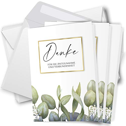 Danksagungskarten Trauer – 10 Klappkarten mit Umschlägen – Motiv: Eucalyptus – Trauerkarten Danksagung mit Text – Dankeskarten Trauer nach Beerdigung
