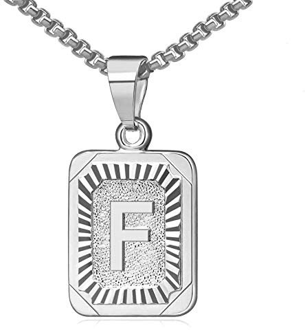 OIDEA Halskette mit Buchstabe F Silber: Unisex Charme Kette für Herren/Damen A-Z Buchstabe Anhänger Rechteck Dog Tag Kette aus Edelstahl Weizenkette Schmuck Geschenk für Männer Frauen