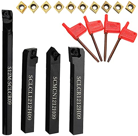 Maizoon CNC-Drehbank-Werkzeughalter, 4 Stück, S12M-SCLCR09 SCLCR1212H09 SCLCL1212H09 SCMCN1212H09 + 10 Hartmetall-Einsätze + 4 Schraubenschlüssel, robuste Drehmaschine Innennut Drehbohrstange DZ07