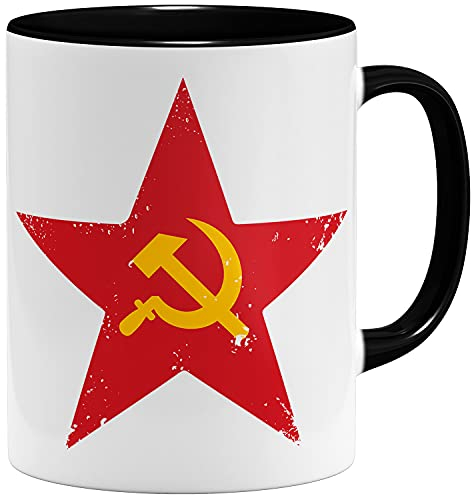 OM3® Soviet-Star Kaffee-Tasse mit Hammer und Sichel | Keramik Becher | 11oz 325ml | Beidseitig Bedruckt | Schwarz