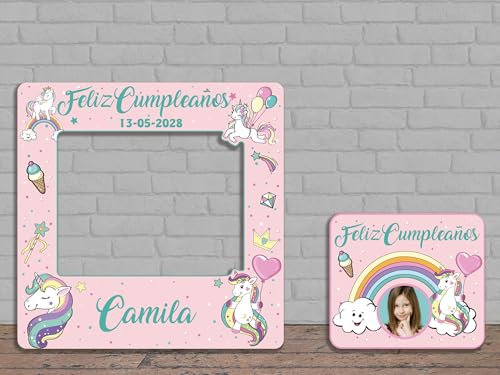 Oedim Photocall + Cartel Infantil Cumpleaños Unicornio Personalizado + Cartel, Eventos o Celebraciones puntuales, 100x100cm, 60x52cm, Ventanas Troqueladas, Divertido