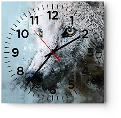 Modern Wanduhr Weiß Der Wolf Bild 40x40cm Quadrat Groß Wand Uhr Glas Analog Zimmeruhren Küche Büro Wohnzimmer Glasuhr Wall Clock Dekoration Design Wanddekoration Küchenuhr C4AC40x40-4623