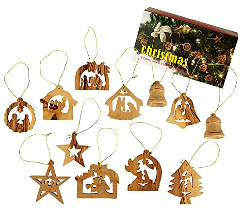 Weihnachtsbaum-Deko Ornamente aus OLIVENHOLZ [12 handgefertigte Anhänger] – Christbaumschmuck aus Bethlehem, dem HEILIGEN Land