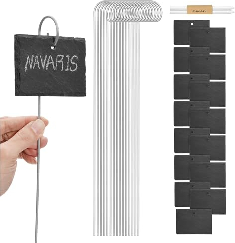 Navaris Marcadores de Pizarra para Plantas - Set de 15x Carteles de Pizarra Rectangular con 15x estaca y 2X Tiza - Etiquetas rectangulares de 10 x 7 cm para huerto semilleros