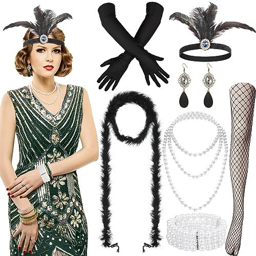 Blulu 9 Stück 1920er Jahre Damen Flapper Kleid Kostüm Set V Ausschnitt Pailletten Perlen Swing Fransen Kleid mit Roaring 1920er Jahre Accessoires (Grün, M)