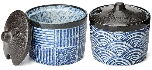 Evannt Salt and Pepper Bowls Ceramic Condiment Jars with Lids Porcelain Salt Cellar Set of 2 Japanese Style Condiment Pots Seasoning Jars Box (Blue)